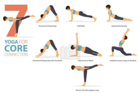 Illustration for Infographic  7 Yoga poses for workout at home in concept of core connection in flat design. Women exercising for body stretching. Yoga posture or asana for fitness infographic. Flat Cartoon Vector Illustration. - Royalty Free Image