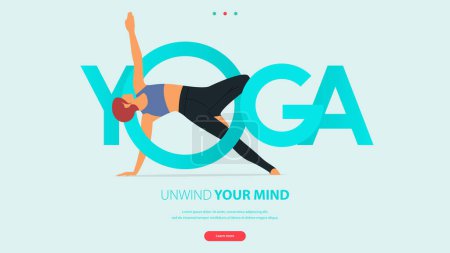 Ilustración de Woman does yoga pose or asana posture with YOGA word. Exercise, workout for yoga anywhere concept. Landing page template of yoga center, studio or yoga online class in flat design for website or mobile application. Vector Illustration. - Imagen libre de derechos