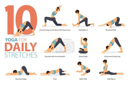 Ilustración de Infographic  10 Yoga poses for workout at home in concept of daily stretches in flat design. Women exercising for body stretching. Yoga posture or asana for fitness infographic. Flat Cartoon Vector Illustration. - Imagen libre de derechos