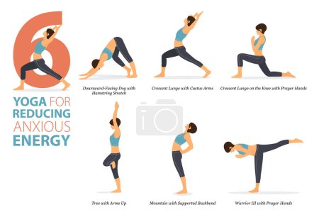 Illustration for Infographic  6 Yoga poses for workout at home in concept of reducing anxious energy in flat design. Women exercising for body stretching. Yoga posture or asana for fitness infographic. Flat Cartoon Vector Illustration. - Royalty Free Image