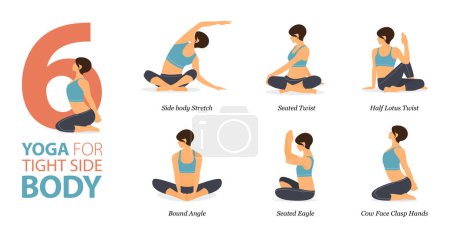 Illustration for Infographic 6 Yoga poses for workout at home in concept of tight side body in flat design. Women exercising for body stretching. Yoga posture or asana for fitness infographic. Flat Cartoon Vector Illustration. - Royalty Free Image