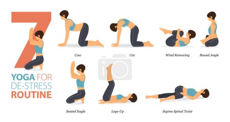 Illustration for Infographic 7 Yoga poses for workout at home in concept of de-stress routine in flat design. Women exercising for body stretching. Yoga posture or asana for fitness infographic. Flat Cartoon Vector Illustration. - Royalty Free Image