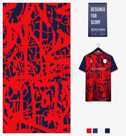 Soccer jersey pattern design. Scratch pattern on red background for soccer kit, football kit, bicycle, e-sport, basketball, t shirt mockup template. Fabric pattern. Abstract background. Vector Illustration.