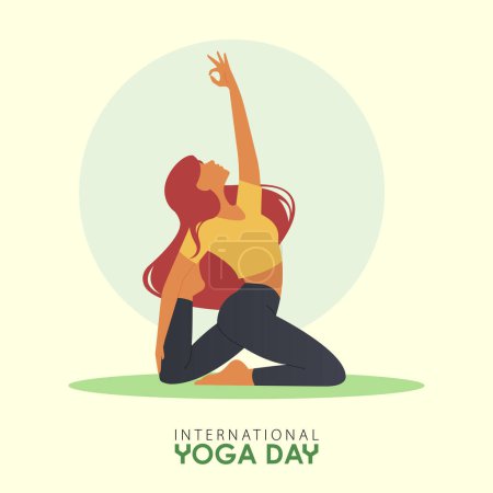 Ilustración de 21 Junio Banner del Día Internacional del Yoga o cartel con la mujer en la meditación yoga posa en verde. Caricatura plana en poses de yoga o asana. Ilustración vectorial - Imagen libre de derechos