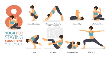 Ilustración de Infografía 8 Posturas de yoga para entrenar en casa en concepto de yoga consistente en diseño plano. Mujeres haciendo ejercicio para estirar el cuerpo. Postura de yoga o asana para infografía fitness. Ilustración plana del vector de la historieta. - Imagen libre de derechos