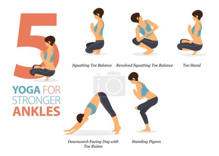 Infografía 5 Posturas de yoga para entrenar en casa en concepto de tobillos más fuertes en diseño plano. Mujeres haciendo ejercicio para estirar el cuerpo. Postura de yoga o asana para infografía fitness. Ilustración plana del vector de la historieta.