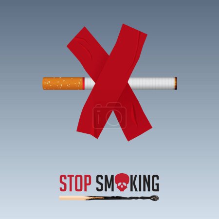 Ilustración de 31 de mayo Día Mundial Sin Tabaco concepto de diseño. Cartel del Día del Fumador. Deja de fumar por un cartel de sensibilización. El cigarrillo fue pegado con cinta adhesiva en la pared define dejar de fumar. Ilustración vectorial. - Imagen libre de derechos