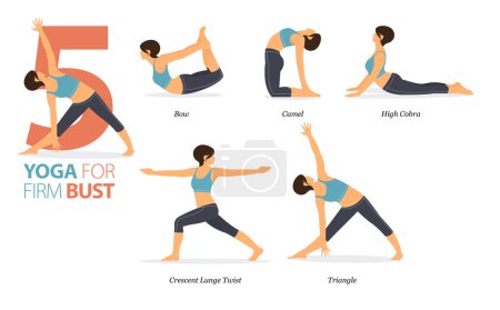 Illustration for Infographic 5 Yoga poses for workout at home in concept of Firm bust in flat design. Women exercising for body stretching. Yoga posture or asana for fitness infographic. Flat Cartoon Vector Illustration. - Royalty Free Image