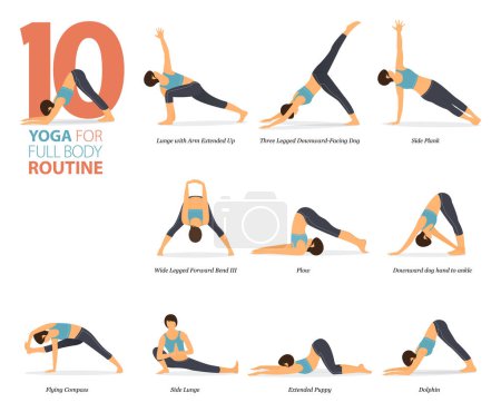 Infografía 10 Posturas de yoga para entrenar en casa en concepto de rutina de cuerpo completo en diseño plano. Mujeres haciendo ejercicio para estirar el cuerpo. Postura de yoga o asana para infografía fitness. Ilustración plana del vector de la historieta.