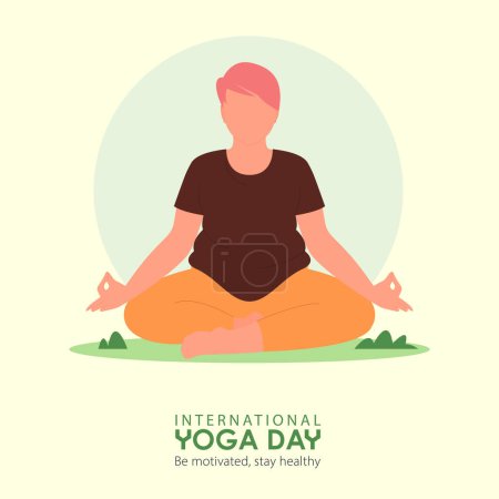 Illustration for 21 June International Yoga Day banner or poster with plus size woman in meditation yoga poses on greensward. Flat cartoon in yoga or asana poses. Vector illustration - Royalty Free Image