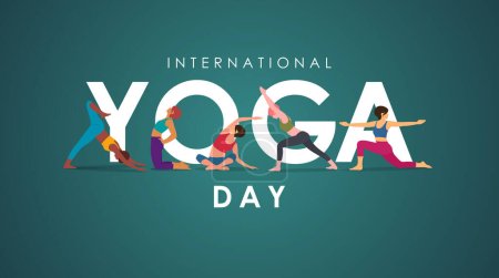 21 June International Yoga Day banner or poster with diversified women doing yoga poses on greensward. Flat cartoon in yoga or asana poses. Vector illustration