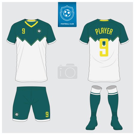 Illustration for Set of soccer jersey or football kit mockup design for football club. Football shirt, short, sock template. Soccer uniform in front view, back view. Football badge in flat design. Vector Illustration. - Royalty Free Image