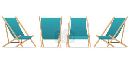 Téléchargez les illustrations : Chaise de plage ou chaise longue dans différents points de vue pour l'été. Fauteuil ou chaise frontale devant, dos, angles latéraux. Meubles pour extérieur en forme d'icône plate. Illustration vectorielle. - en licence libre de droit