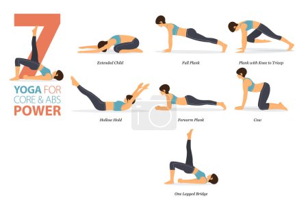 Illustration for Infographic 7 Yoga poses for workout at home in concept of core and abs power in flat design. Women exercising for body stretching. Yoga posture or asana for fitness infographic. Flat Cartoon Vector Illustration. - Royalty Free Image