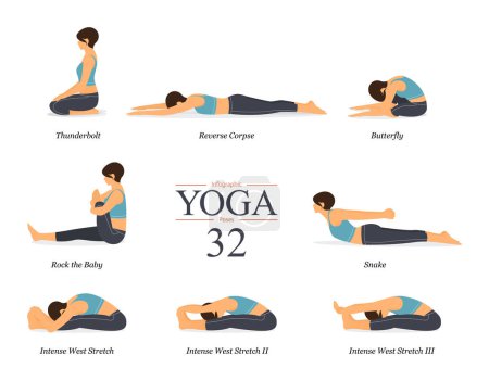 Set von 8 Yoga-Posen oder Asana-Posen in flachem Design. Schöne Frau in blauer Sportbekleidung und schwarzer Yogahose macht Übungen zum Dehnen des Körpers. Yoga-Infografiken. Vektorillustration.