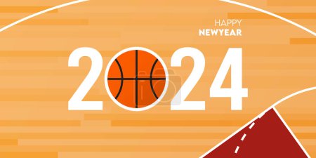 Kreative 2024 frohe Neujahrsfeier Grußkarte und Social Media Post oder Banner Design-Vorlage in Basketball oder Sport-Konzept. Vektorillustration.