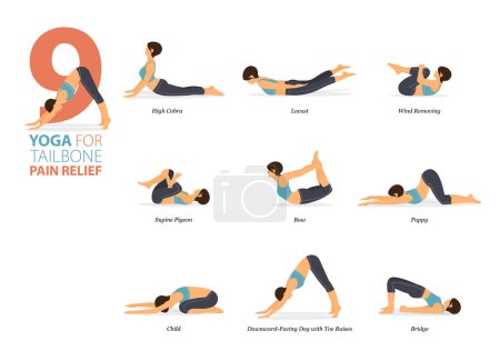 Illustration for Infographic 9 Yoga poses for workout at home in concept of tailbone pain relief in flat design. Women exercising for body stretching. Yoga posture or asana for fitness infographic. Flat Cartoon Vector Illustration. - Royalty Free Image