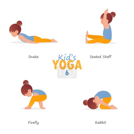Illustration for Yoga kid set. Gymnastics or exercise for children and healthy lifestyle. Cartoon kids in different yoga poses. Child character in flat design.  Vector and illustration. - Royalty Free Image