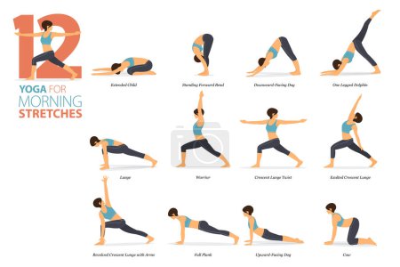 Illustration for Infographic 12 Yoga poses for workout at home in concept of morning stretches in flat design. Women exercising for body stretching. Yoga posture or asana for fitness infographic. Flat Cartoon Vector Illustration. - Royalty Free Image