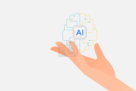 Illustration for Businessmans hand touch or show on virtual AI brain or computer chip by AI technology concept.Ai tech for futuristic technology transformation. Ai circuit line for machine learning. Vector illustration - Royalty Free Image