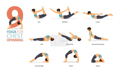 Infografía 9 Posturas de yoga para entrenar en casa en concepto de Apertura de Pecho en diseño plano. Mujeres haciendo ejercicio para estirar el cuerpo. Postura de yoga o asana para infografía fitness. Ilustración plana del vector de la historieta.