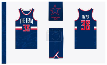 Illustration for Basketball uniform mockup template design for sport club. Basketball jersey, basketball shorts in front, back view and side view. Basketball logo design. Vector Illustration - Royalty Free Image