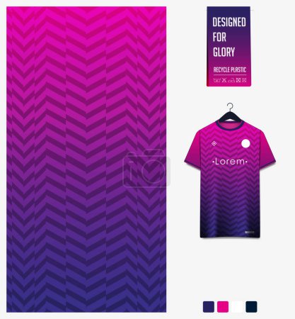 Illustration for Fabric textile for soccer jersey, football kit, sport t-shirt mockup for football club. Uniform front view. Geometric pattern on violet background. Fabric pattern. Vector Illustration - Royalty Free Image