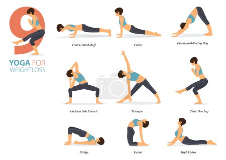 Infografía 9 Posturas de yoga para entrenar en casa en concepto de pérdida de peso en diseño plano. Mujeres haciendo ejercicio para estirar el cuerpo. Postura de yoga o asana para infografía fitness. Ilustración plana del vector de la historieta.