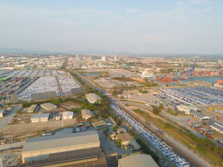 Photo for Aerial top view of new cars parking for sale stock lot row, dealer inventory import and export business commercial worldwide, Automobile and automotive industry distribution logistic global transport - Royalty Free Image