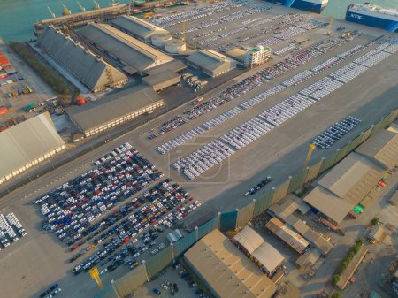 Photo for Aerial top view of new cars parking for sale stock lot row, dealer inventory import and export business commercial worldwide, Automobile and automotive industry distribution logistic global transport - Royalty Free Image