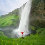 Seljalandsfoss waterfall in summer season in Iceland. Famous nature landscape background