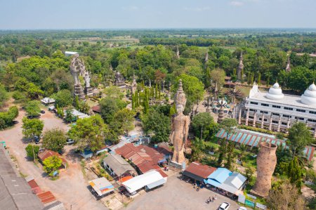 Photo for Aerial top view of Sala Keoku Sculptures Park, Isan pagoda is a buddhist temple, Nong Khai, an urban city town, Thailand. Thai architecture landscape background. Tourist attraction landmark. - Royalty Free Image