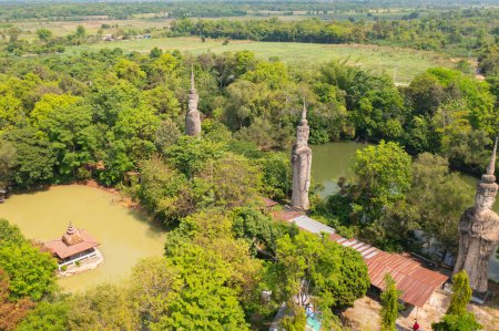 Photo for Aerial top view of Sala Keoku Sculptures Park, Isan pagoda is a buddhist temple, Nong Khai, an urban city town, Thailand. Thai architecture landscape background. Tourist attraction landmark. - Royalty Free Image