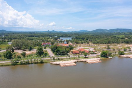 Aerial view of resort hotel buildings with Chao Phraya River, Tha Ma Kham, Mueang Kanchanaburi District, Thailand.