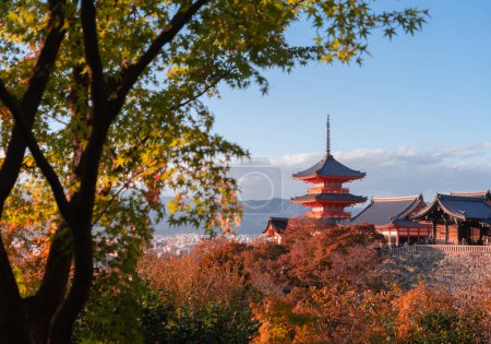 Foto de Templo de la pagoda Kiyomizu Dera con hojas de arce rojo o follaje de otoño en temporada de otoño. Árboles coloridos, Kyoto, Japón. Naturaleza y arquitectura paisaje fondo
. - Imagen libre de derechos