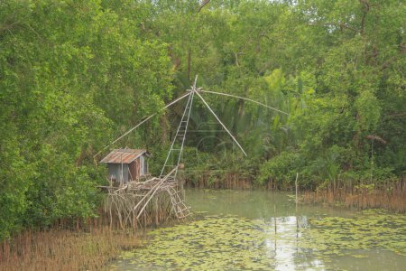 Fishing trap net in canal with fisherman urban city village town houses, lake or river. Nature landscape fisheries and fishing tools at Pak Pha, Songkhla, Thailand. Aquaculture farming