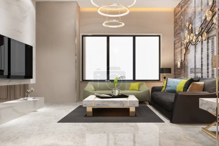 Foto de 3d representación loft sala de estar de lujo con lámpara de araña de diseño - Imagen libre de derechos