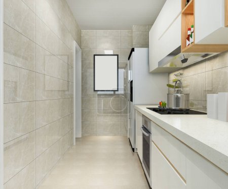 Foto de 3d renderizado moderno mostrador de cocina con diseño blanco y biege - Imagen libre de derechos