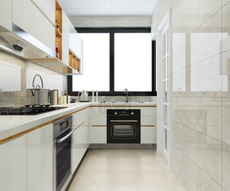 Foto de 3d renderizado moderno mostrador de cocina con diseño blanco y biege - Imagen libre de derechos