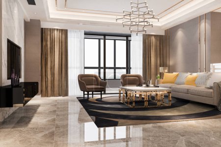 Téléchargez les photos : 3d rendering luxury and modern living room with leather sofa and lamp - en image libre de droit