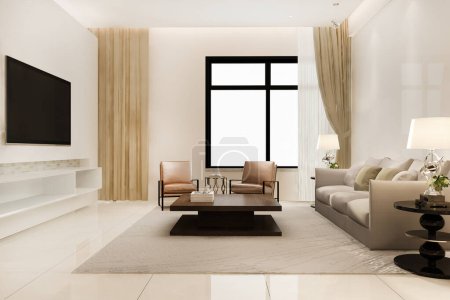 Foto de 3d rendering luxury and modern living room with leather sofa and lamp - Imagen libre de derechos