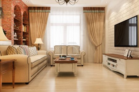 Foto de 3d renderizado moderno comedor y sala de estar con sillón retro y estilo europeo - Imagen libre de derechos