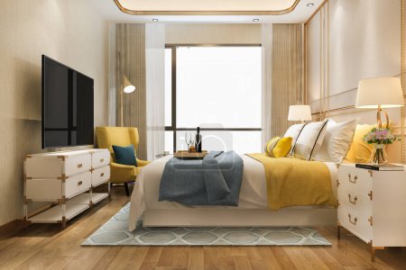 Photo for 3d rendering beautiful luxury yellow bedroom suite in hotel with tv and couch - Royalty Free Image