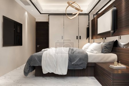 Téléchargez les photos : 3d rendant luxe chambre à coucher moderne suite dans l'hôtel avec tv et armoire - en image libre de droit
