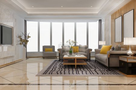 Foto de 3d renderizado loft sala de estar de lujo en suite de hotel de lujo - Imagen libre de derechos