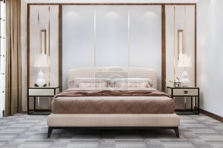 Téléchargez les photos : 3d rendant moderne chambre pastel de luxe avec décoration en marbre et tapis dans un hôtel de luxe - en image libre de droit