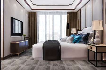 Photo for 3d rendering luxury bedroom suite in hotel with tv and cabinet and wardrobe - Royalty Free Image