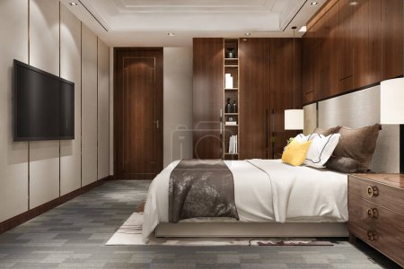 Téléchargez les photos : 3d rendu chambre à coucher de luxe suite dans l'hôtel avec tv et armoire et penderie - en image libre de droit