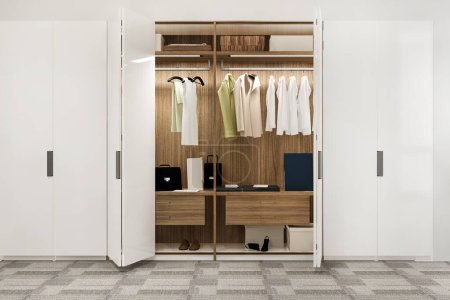 Photo for 3d rendering minimal scandinavian wood walk in closet with wardrobe - Royalty Free Image