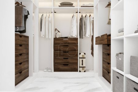Photo for 3d rendering minimal scandinavian wood walk in closet with wardrobe - Royalty Free Image